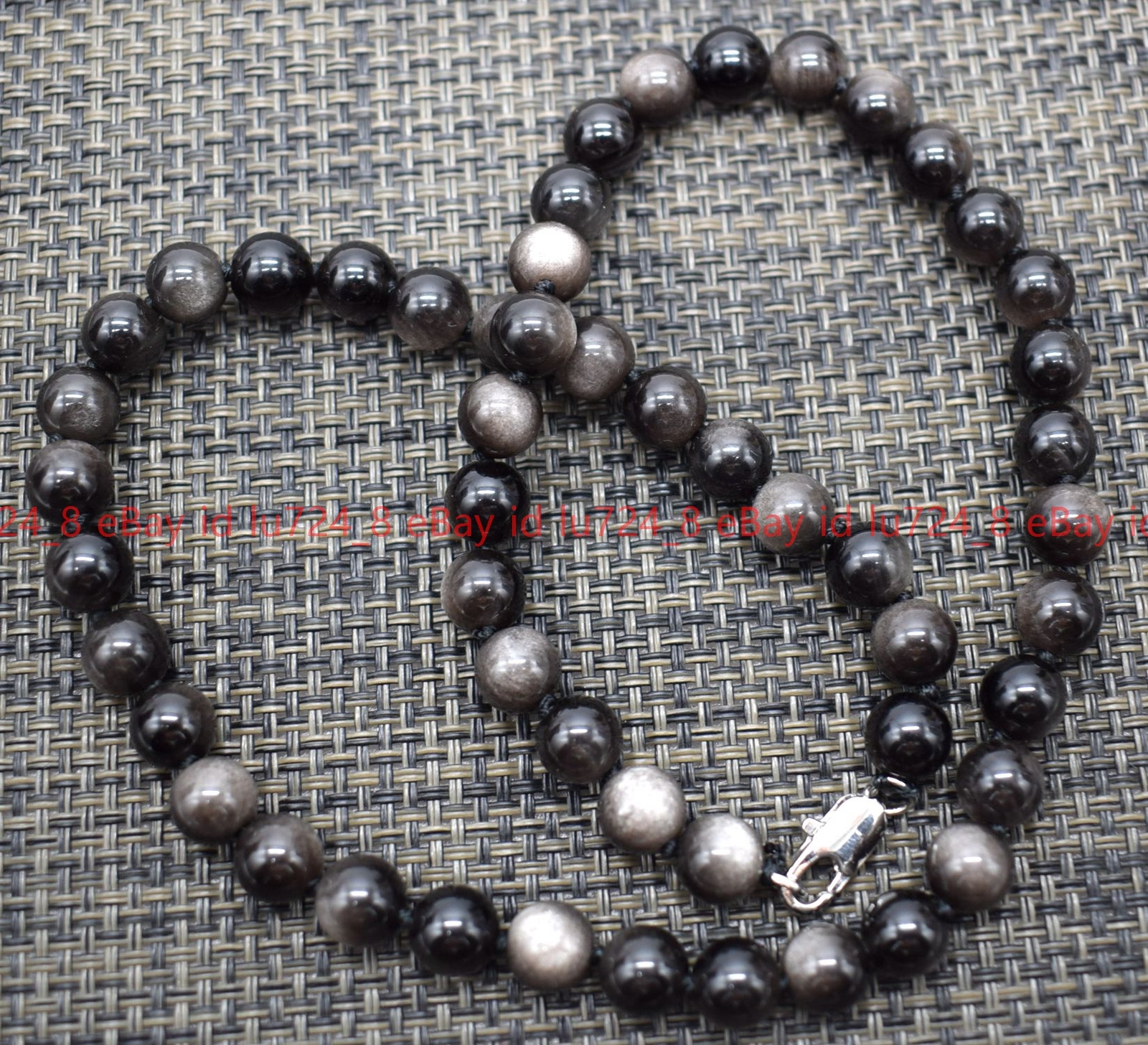 Natural 6-16mm Silver Obsidian Round Gemstone Beads Necklace Silver Clasp 18″