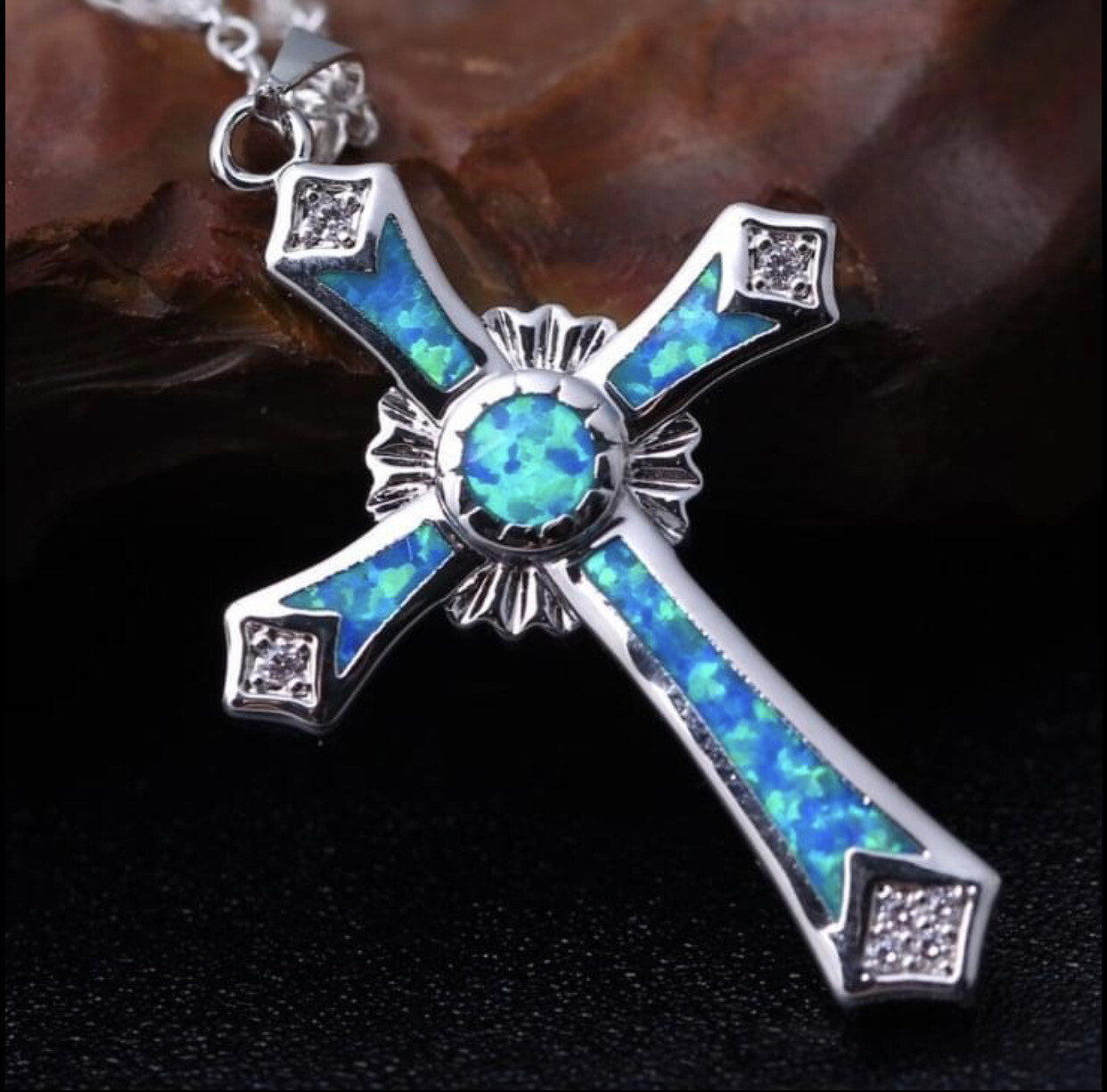 Geometric Blue Opal Color Cross Crucifix Pendant Necklace. Us Seller