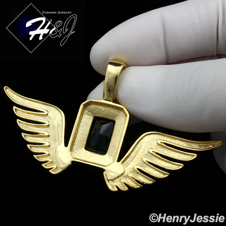 MEN’s Stainless Steel Green Rhinestone Gold Plated Flying Wing Pendant*GP108
