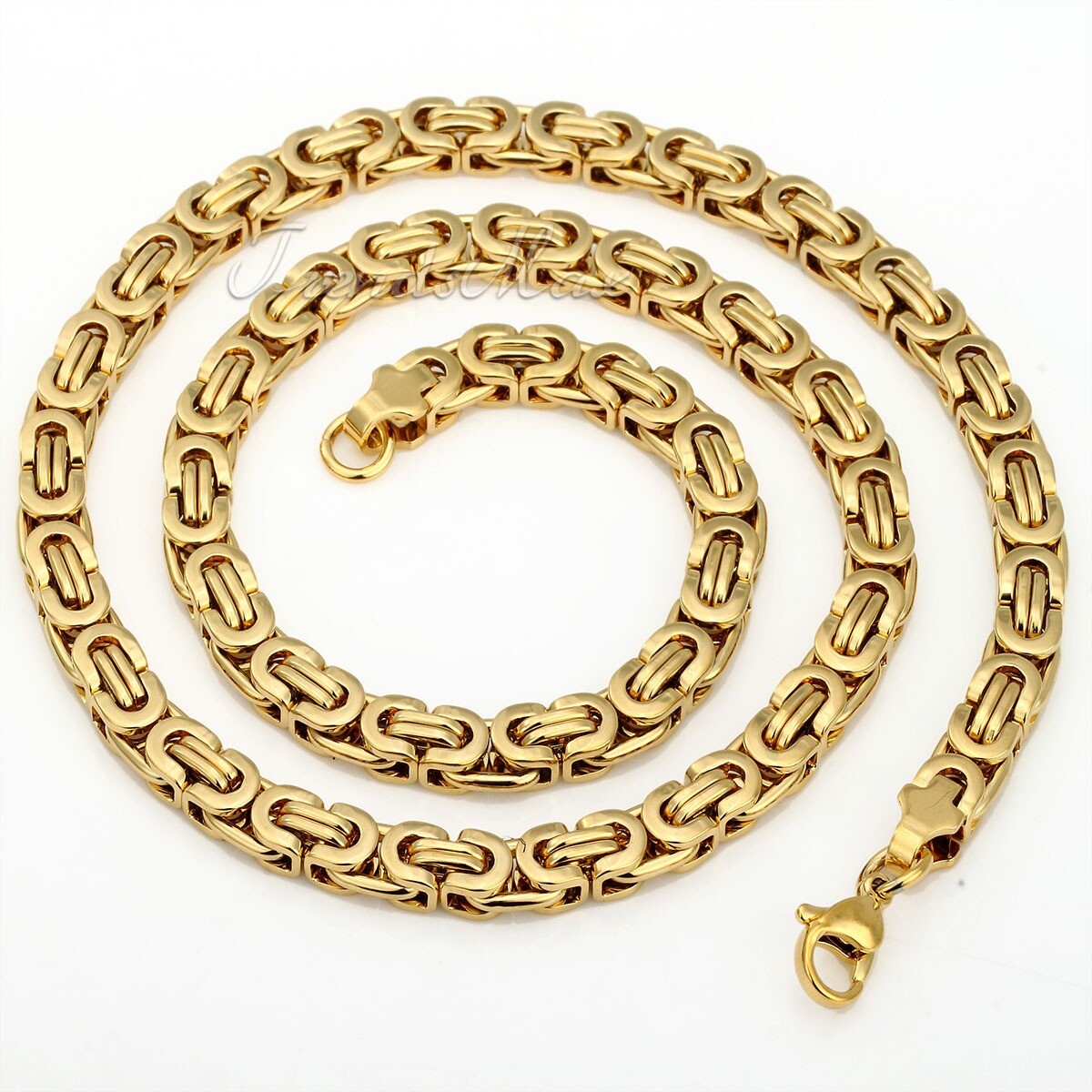 7mm 18-30 in Gold Plated Stainless Steel Necklace Flat Byzantine Mens Boys Chain