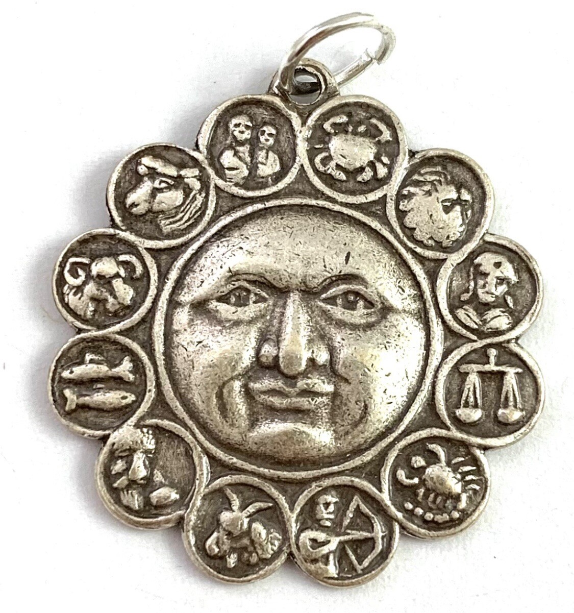 Zodiac Charm Necklace Pendant Silver Tone Metal All Twelve Signs With Face
