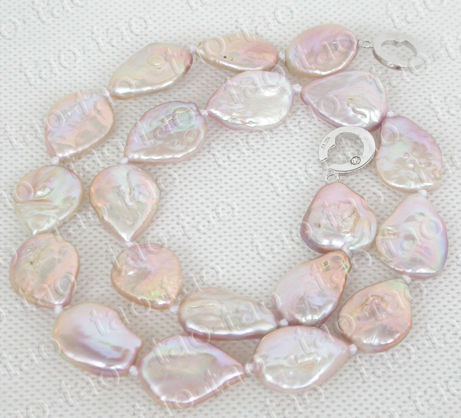 Luster 18″ 19mm natural melon seeds coin purple freshwater pearls beads necklace