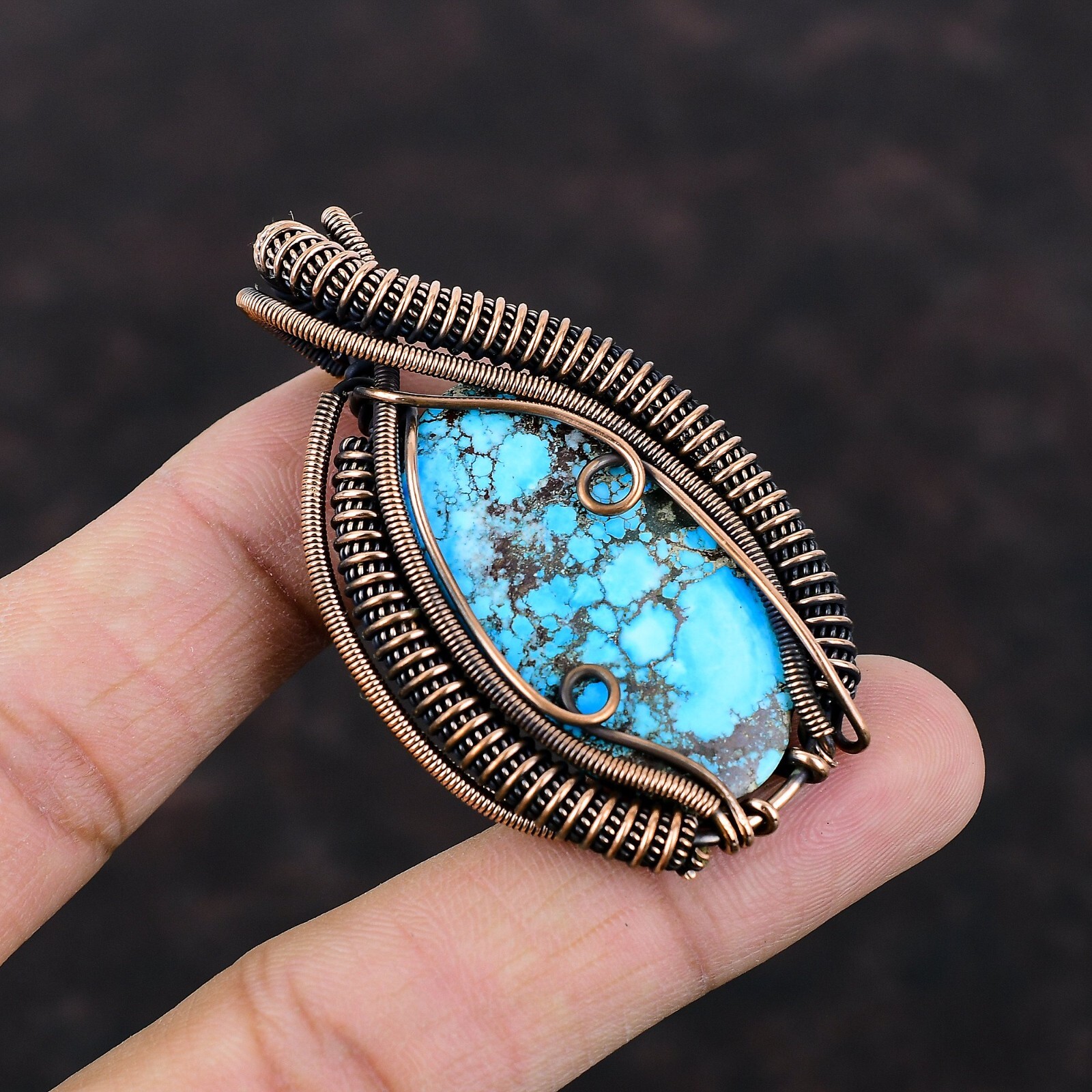 Tibetan Turquoise Copper Gift For Friend Wire Wrapped Pendant 2.36″