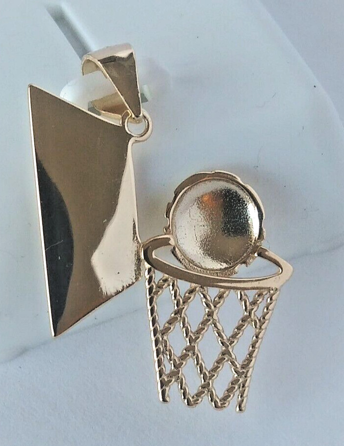 New 28x18mm 925 Sterling SILVER BASKETBALL & HOOP pendant Gold Plated