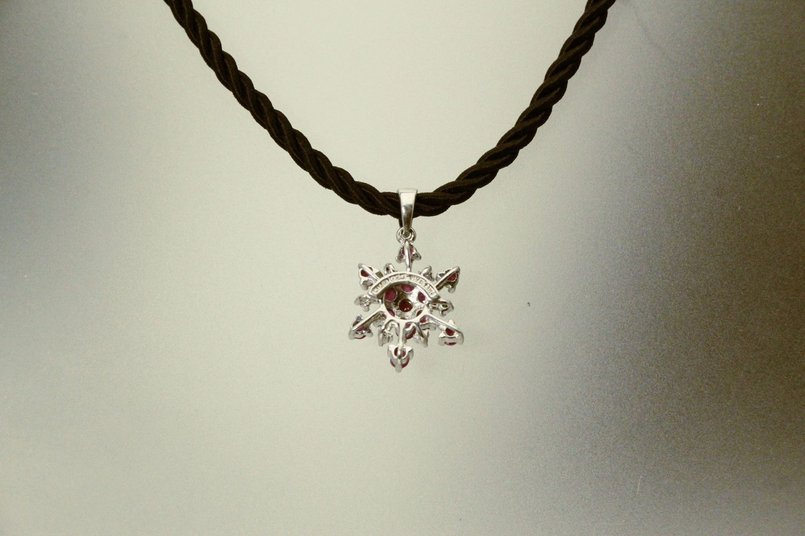 Red Ruby & Diamond Chips Snowflake Sterling Pendant Black Cord 5.4g (NEC5716)