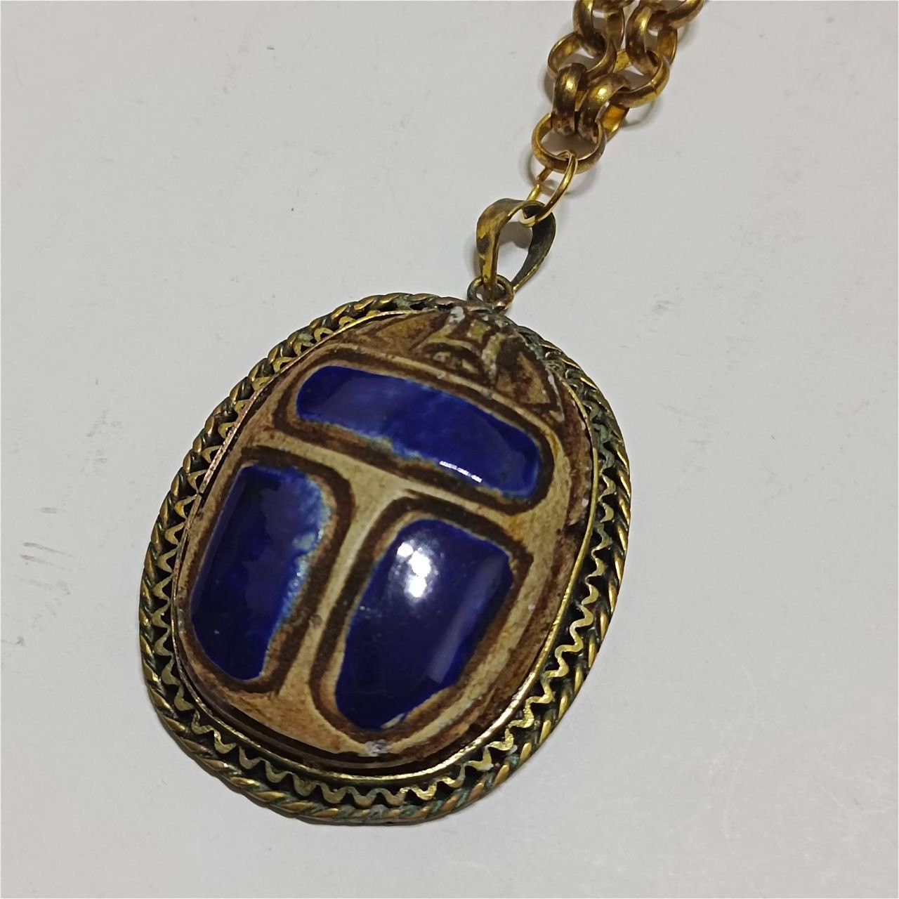 Vintage Brass Scarab Pendant Necklace Blue Inlay Classic Egyptian Style Jewelry