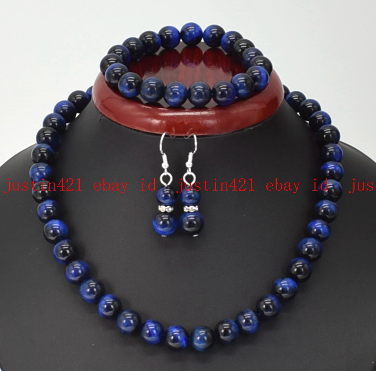6-14mm Blue Tiger’s Eye Round Gemstone Beads Necklace Bracelet Earrings Set 18”
