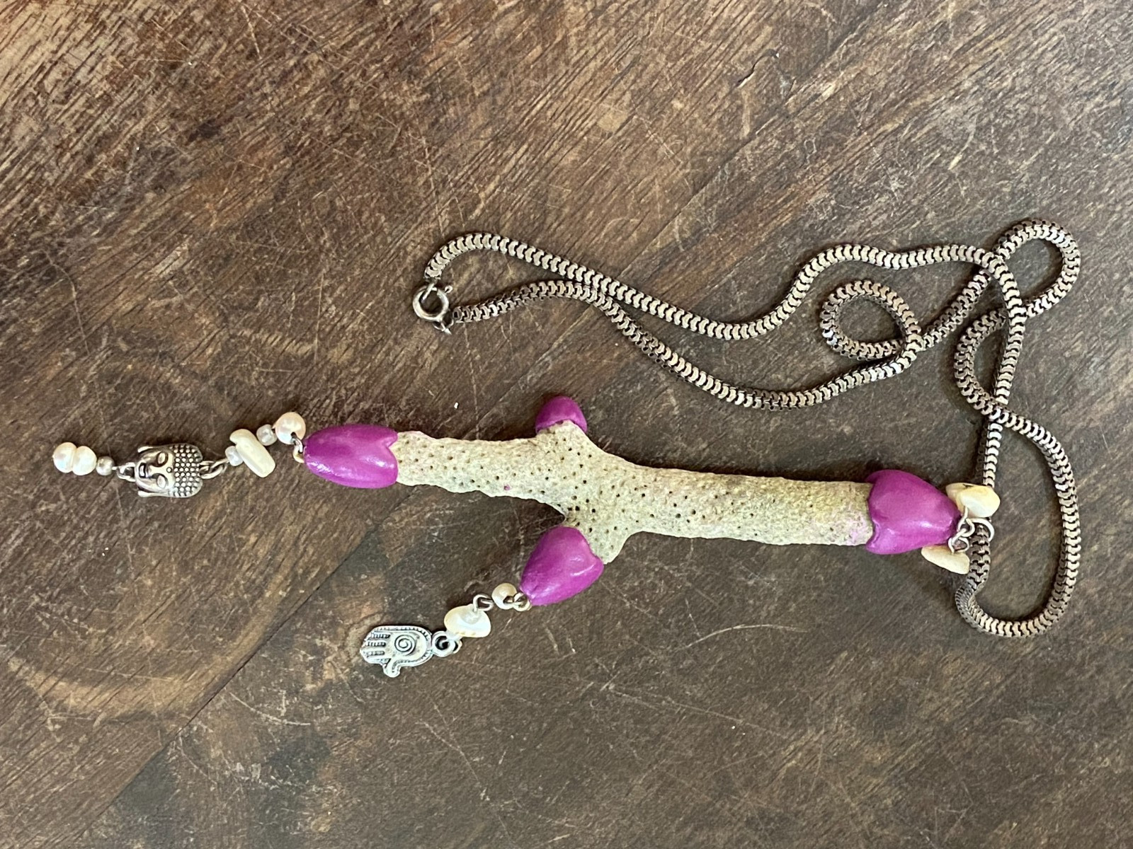 Handcrafted Coral Necklace with Purple Clay Accents and Spiritual Charms