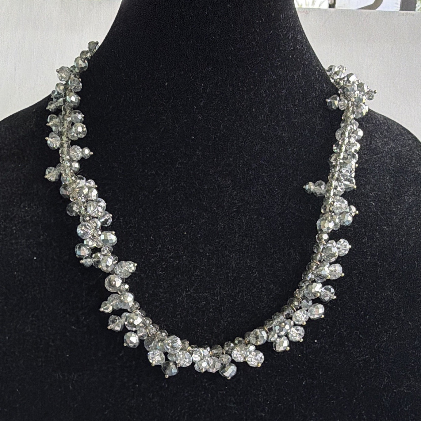 Clear Crystal Faceted Beaded Statement Chain Necklace, Round White/Colorless