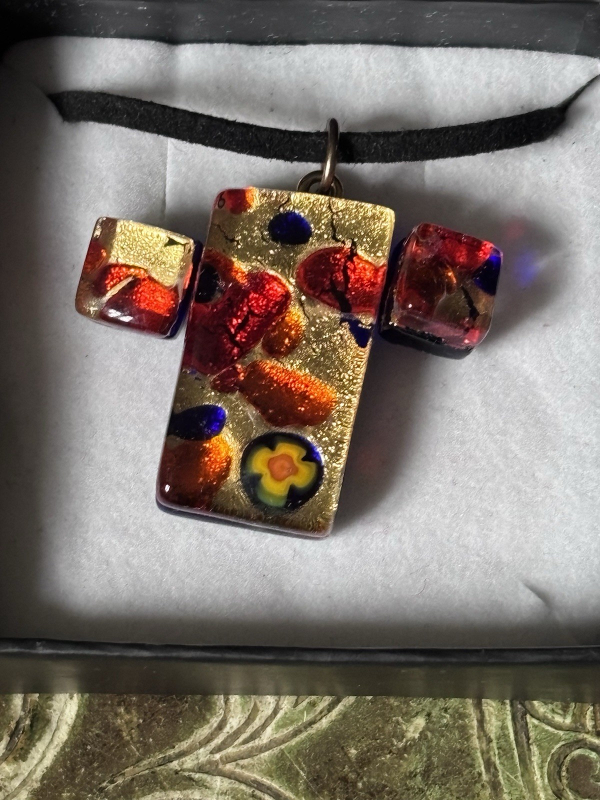 Murano Glass Pendant & Earrings Set Millefiori Gold Foil Venetian Boxed