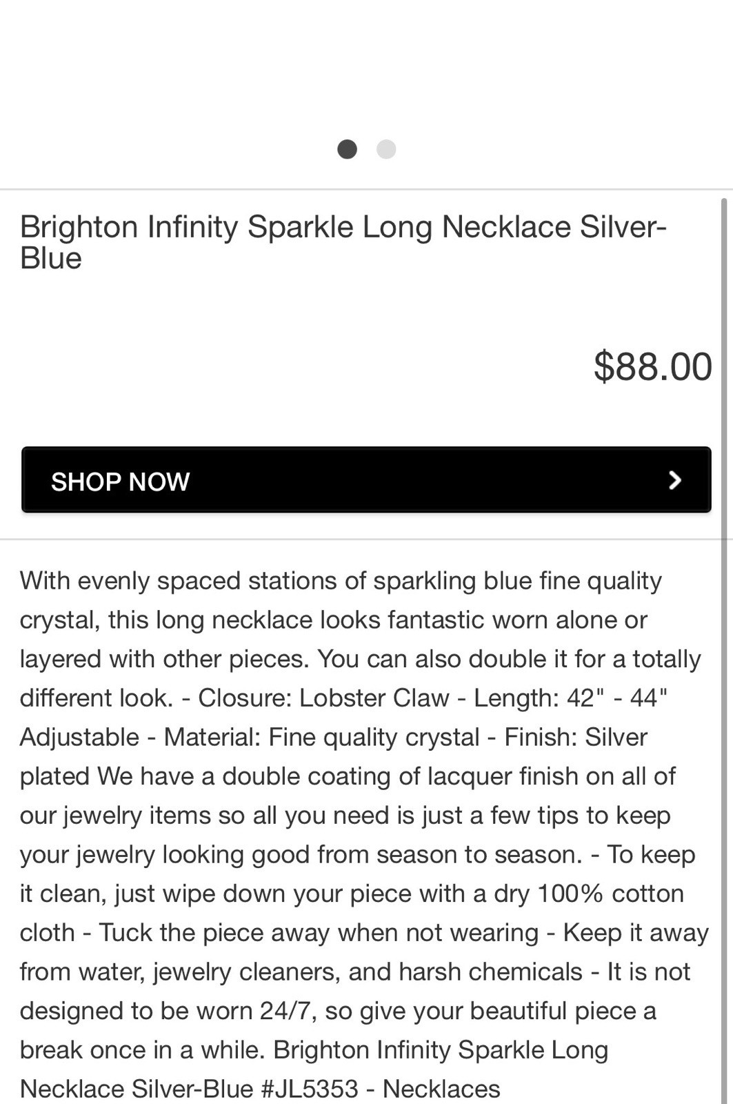 Brighton NWT Infinity Sparkle Long Necklace W/Pouch Retailed $88 **RETIRED**