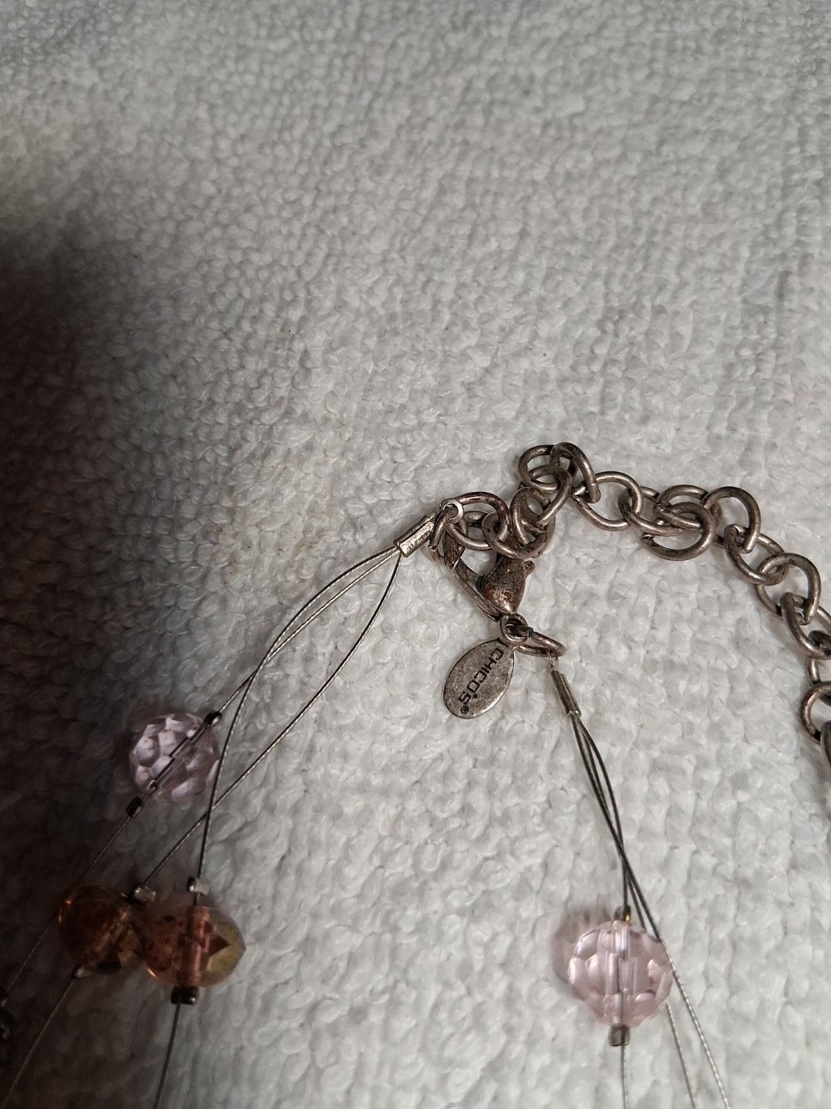 Multistrand Thin S Chain w Clear Rhinestone Bumpy SIlvertone Faceted Bead Neckla