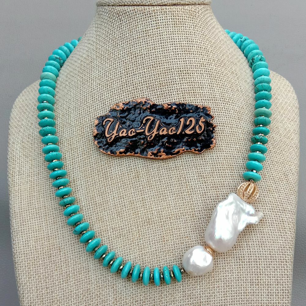 20″ Freshwater Cultured White Keshi Pearl Blue Disc Turquoise Necklace