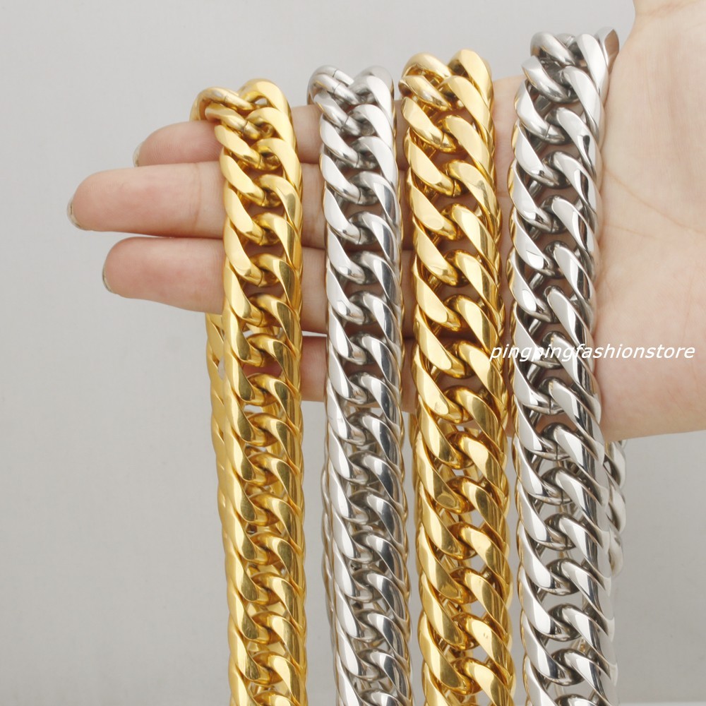 16/20mm Huge Stainless Steel Silver/Gold Curb Cuban Chain Men’s Necklace 7″-40″