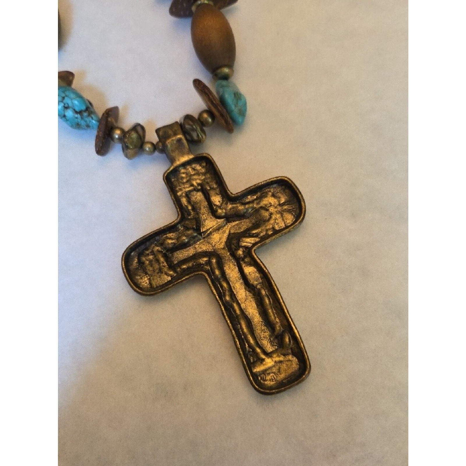 Boho Turquoise & Brass Cross Pendant Necklace