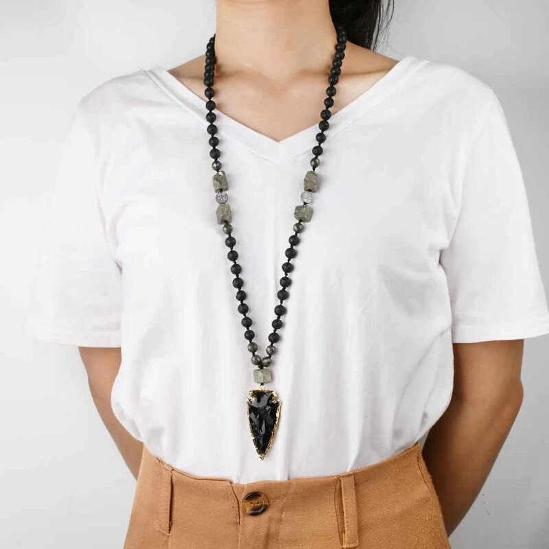 Natural Lava Rock Obsidian Arrow Charm Necklace Healing Protection Spiritual Jew