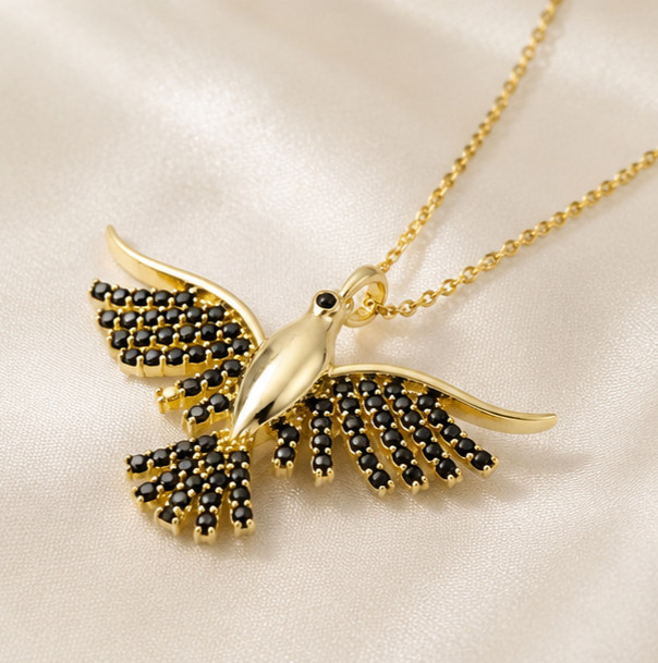 1.20Ct Round Cut Simulated Black Diamond Bird Pendant 14K Yellow Gold Plated