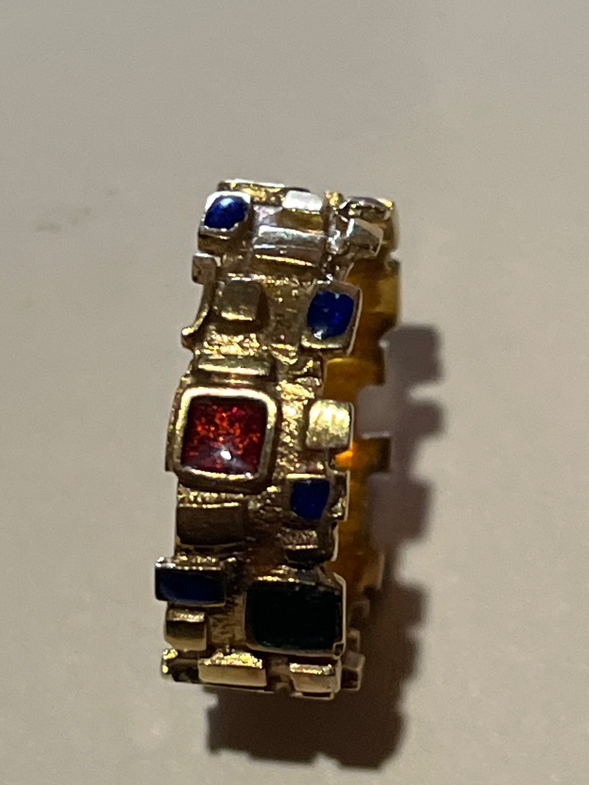 1970s modernist 14k gold geometric multi gemstone mosaic band estate piece