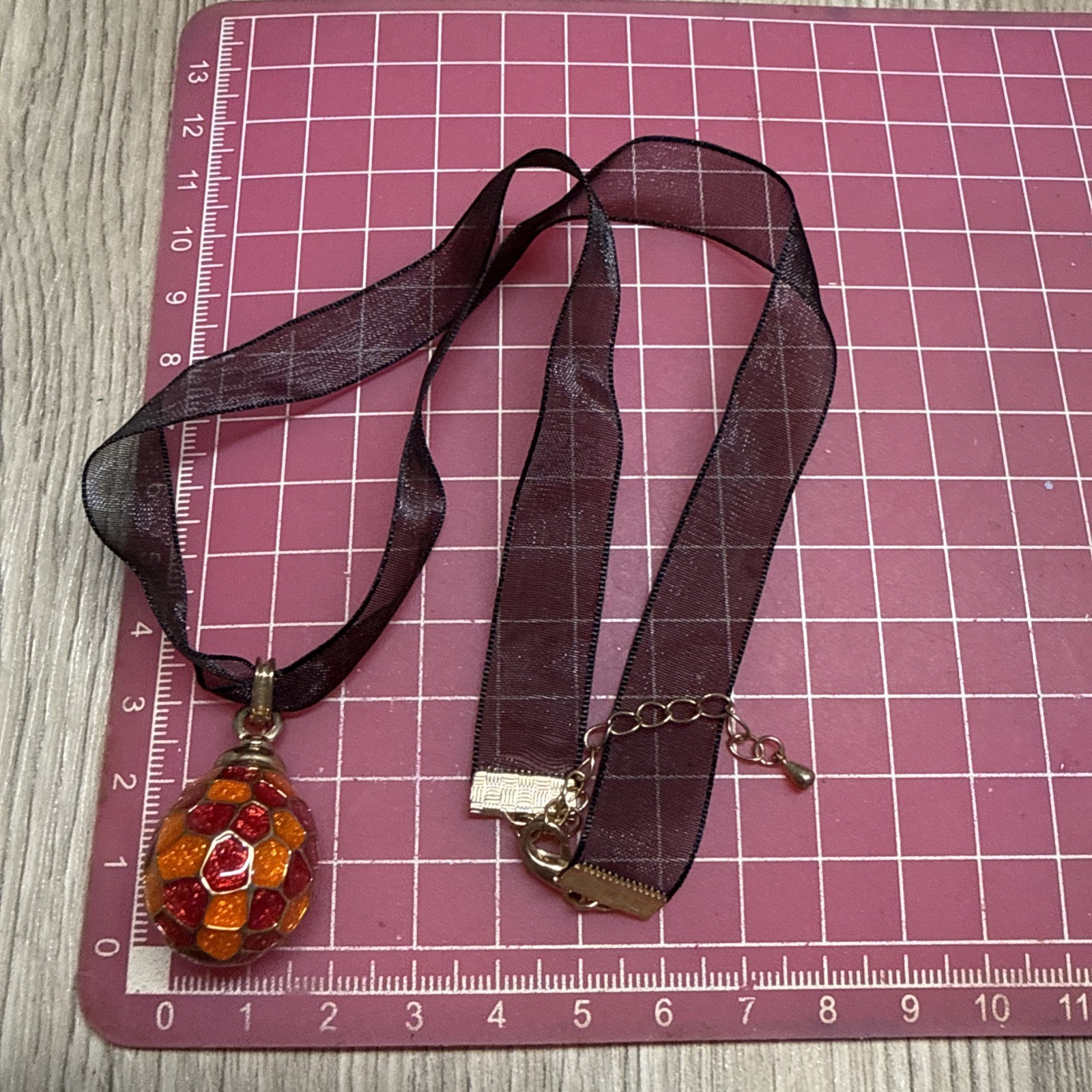 RETRO Enamel Egg Pendant Necklace 46cm/18″ Ribbon Black Orange Red Pretty Kitsch