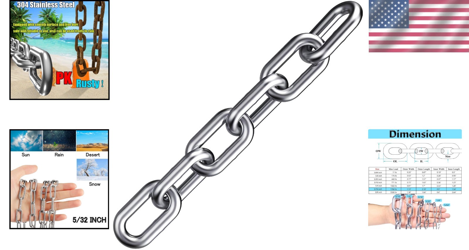 Durable 5/16in Heavy Duty Chain 6.5ft – 304 SS, Corrosion Resistant, Versatile