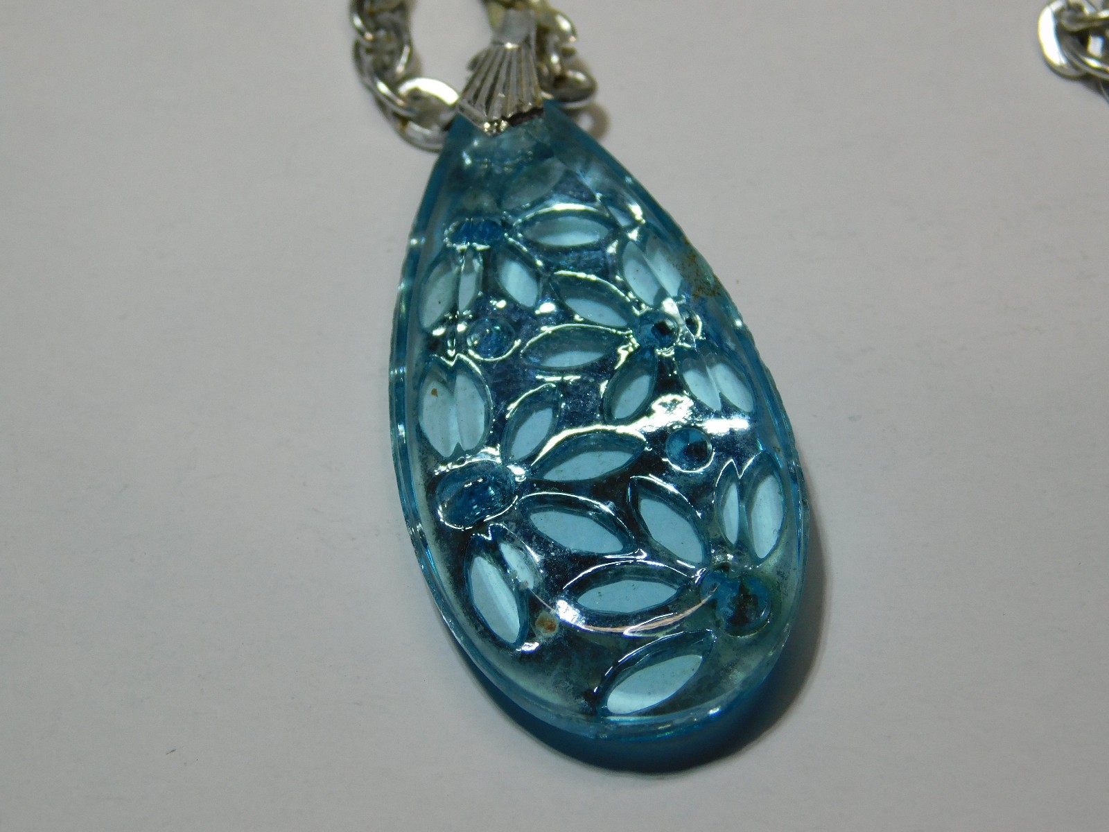 Vintage Silver Tone With Light Blue Stone 22″ Stamped “Germany” Pendant Necklace