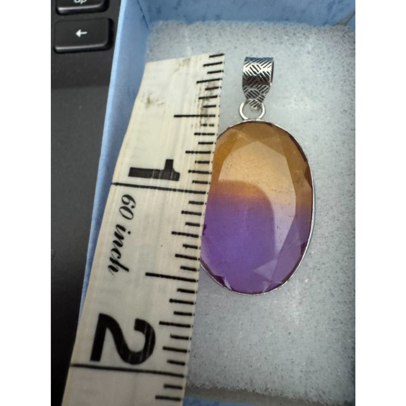 Bi-color tourmaline pink/yellow large silver-tone artisan made pendant.