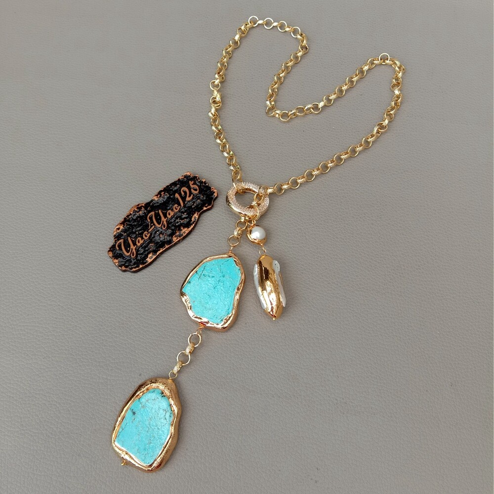 27″ White Biwa Pearl Turquoise Lariat Chain Necklace