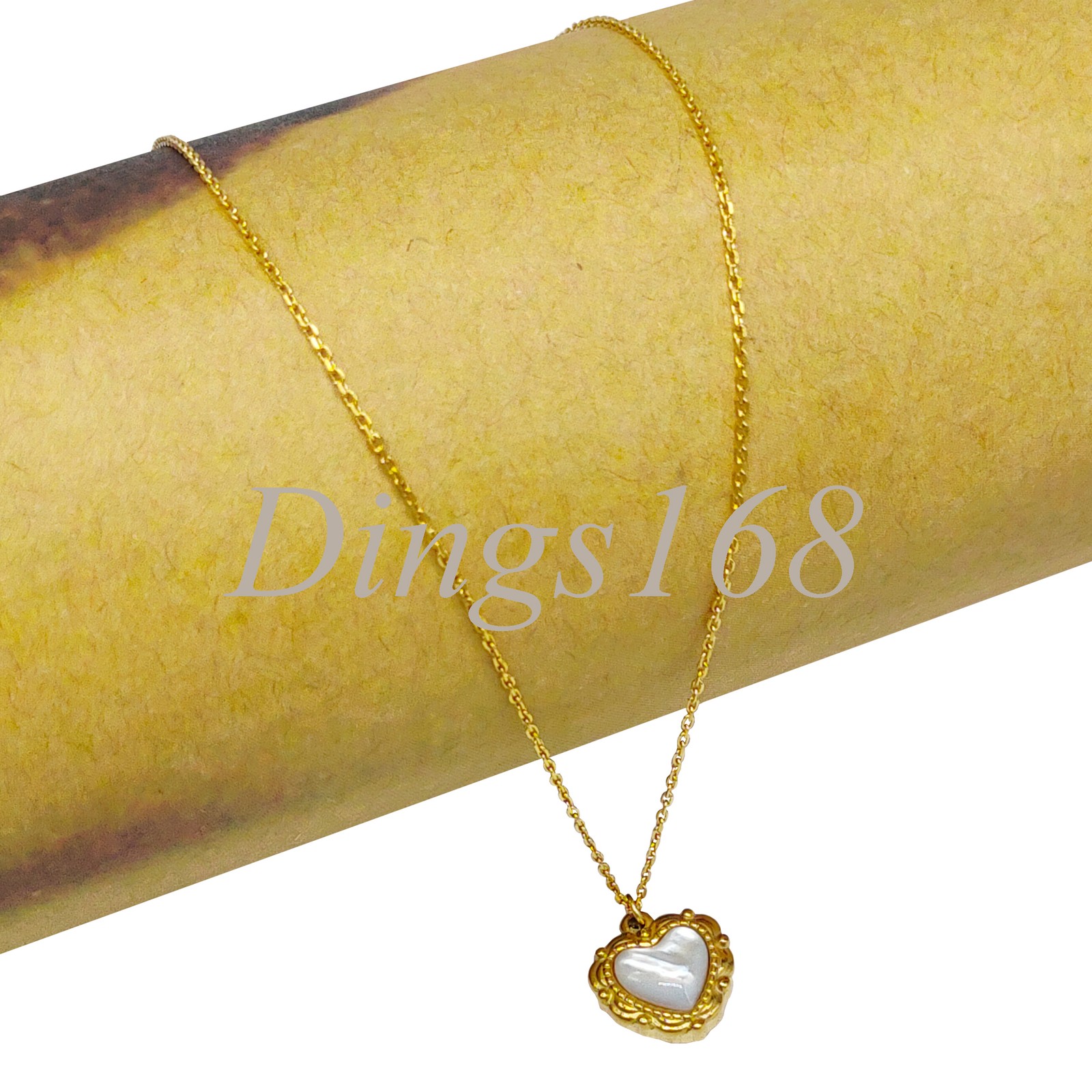 18K Yellow Gold Filled White Heart Seashell Pendant 17+2inch Rolo Chain Necklace