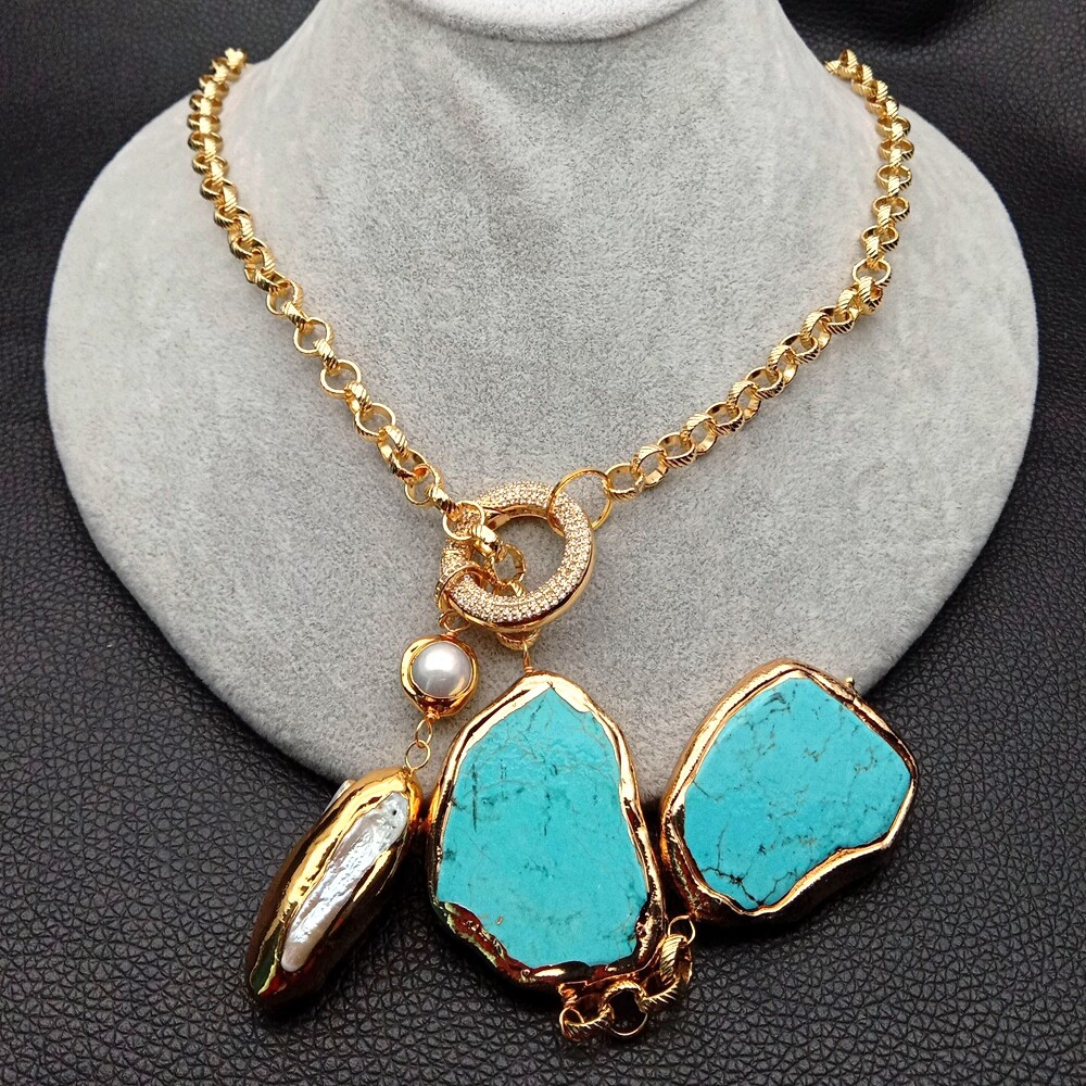 27″ White Biwa Pearl Turquoise Lariat Chain Necklace
