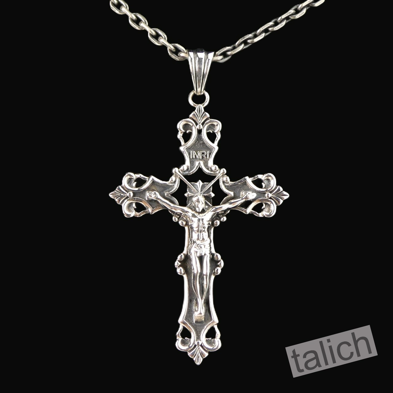 Solid 925 Sterling Silver Ornate Floral Scroll Crucified Jesus Cross Pendant