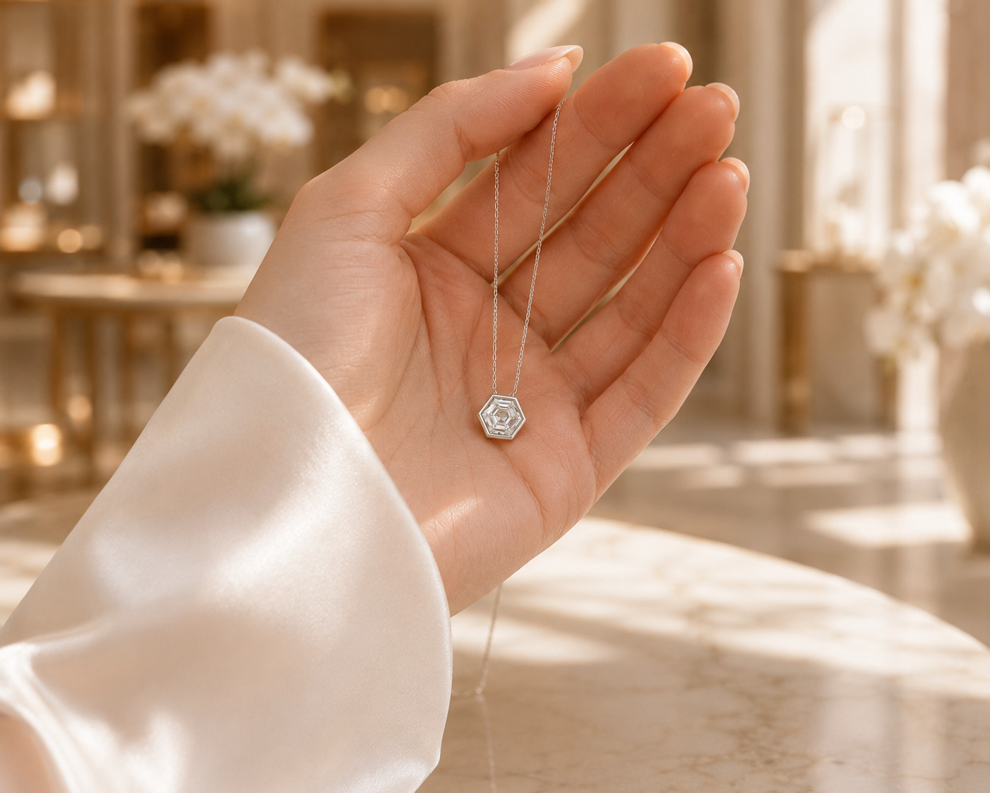 1.03 CT Hexagon Lab Grown Diamond Pendant Necklace 14K White Gold Bezel VS1