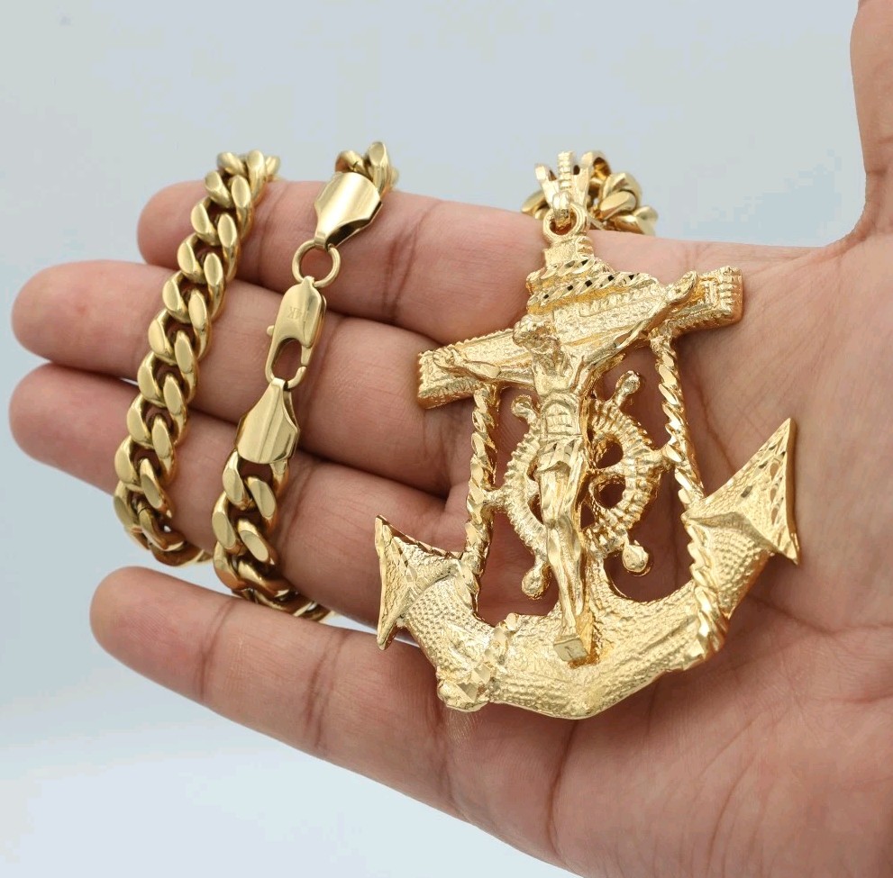 Large Gold Anchor Jesus Necklace 10mm Cuban Chain 14K Heavy Plated Gold
