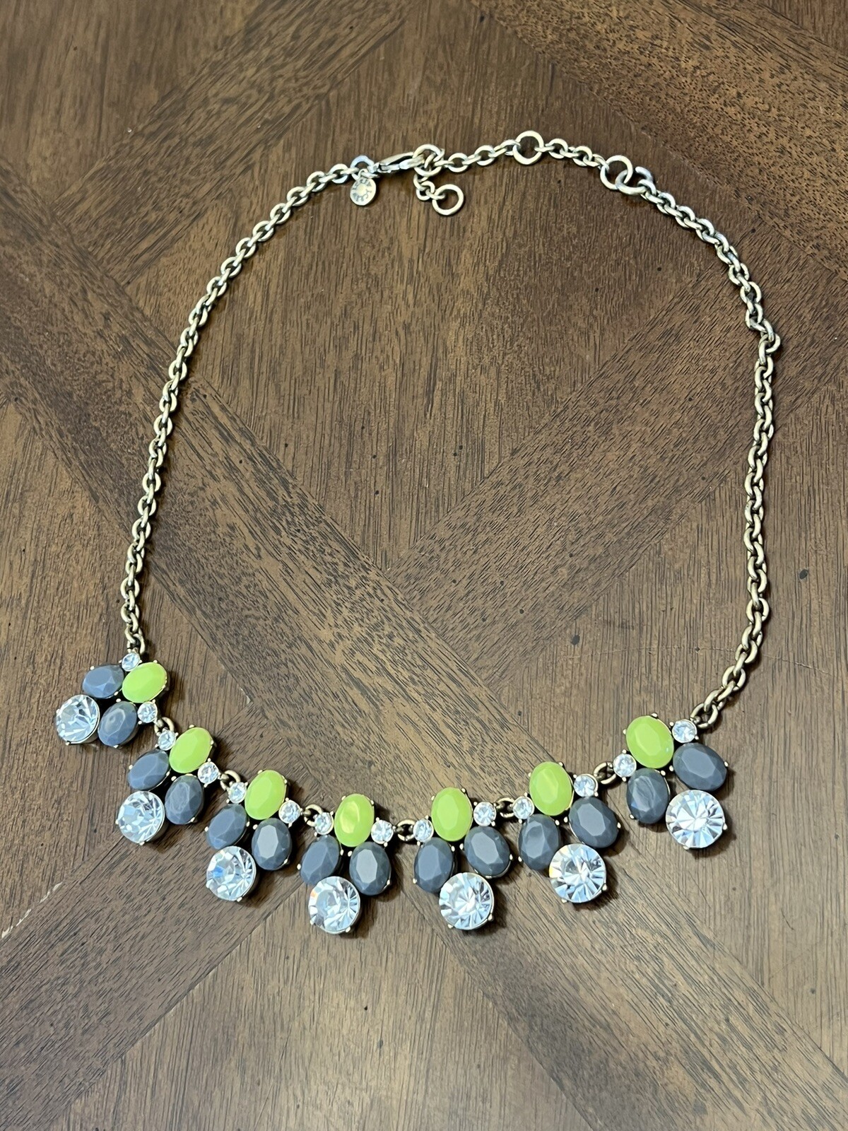 J. Crew Lime Green & Gray Rhinestone Fashion Statement Necklace Gold Tone Nice!