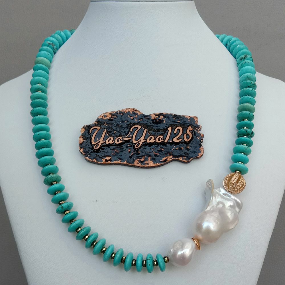 20″ Freshwater Cultured White Keshi Pearl Blue Disc Turquoise Necklace