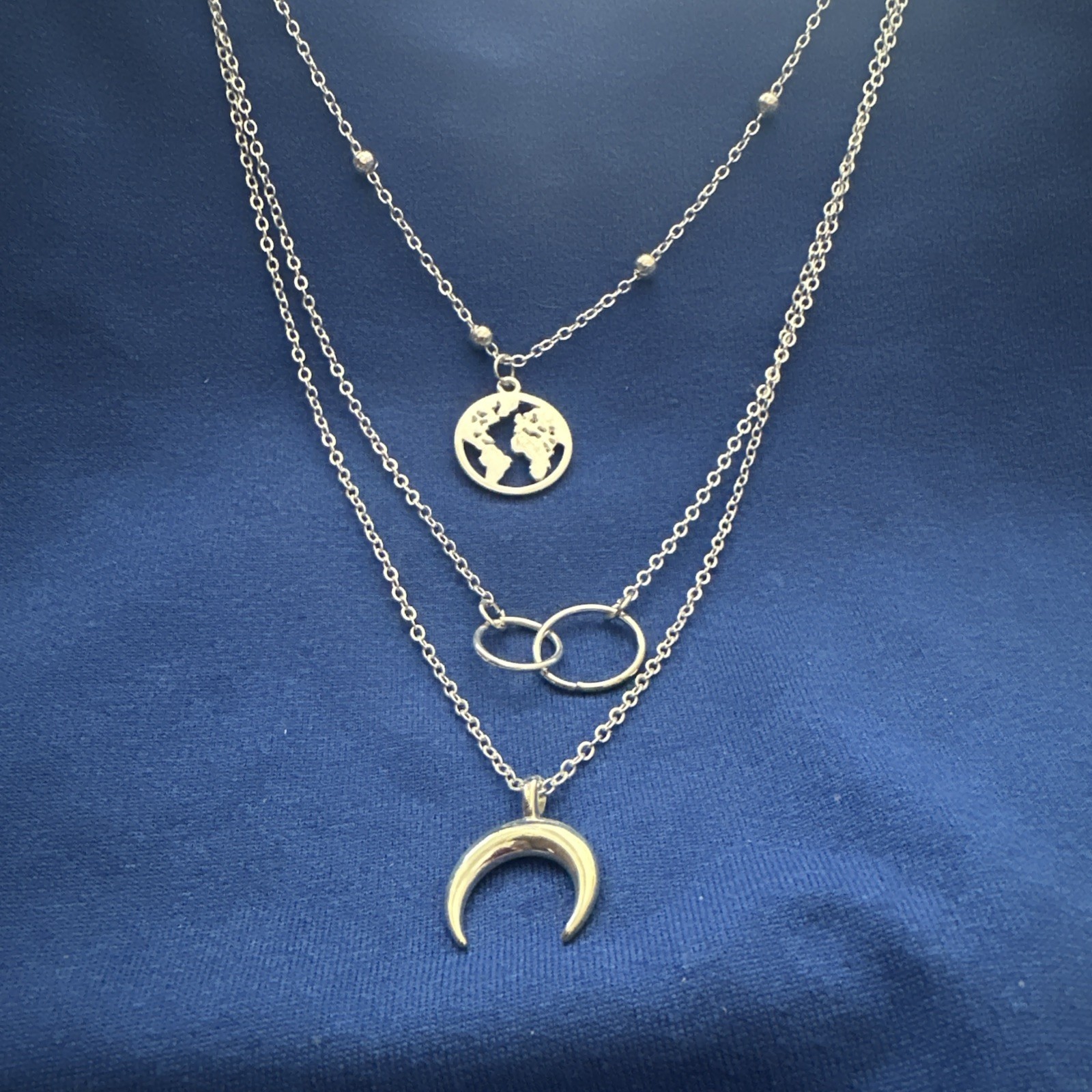 Layered Crescent Charm Necklace Silver Tone Globe Circle Adjustable chain New!