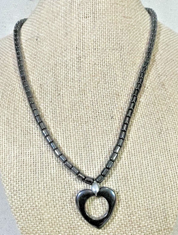 NEW! Natural Hematite HEART PENDANT 18″ Necklace OPEN HEART