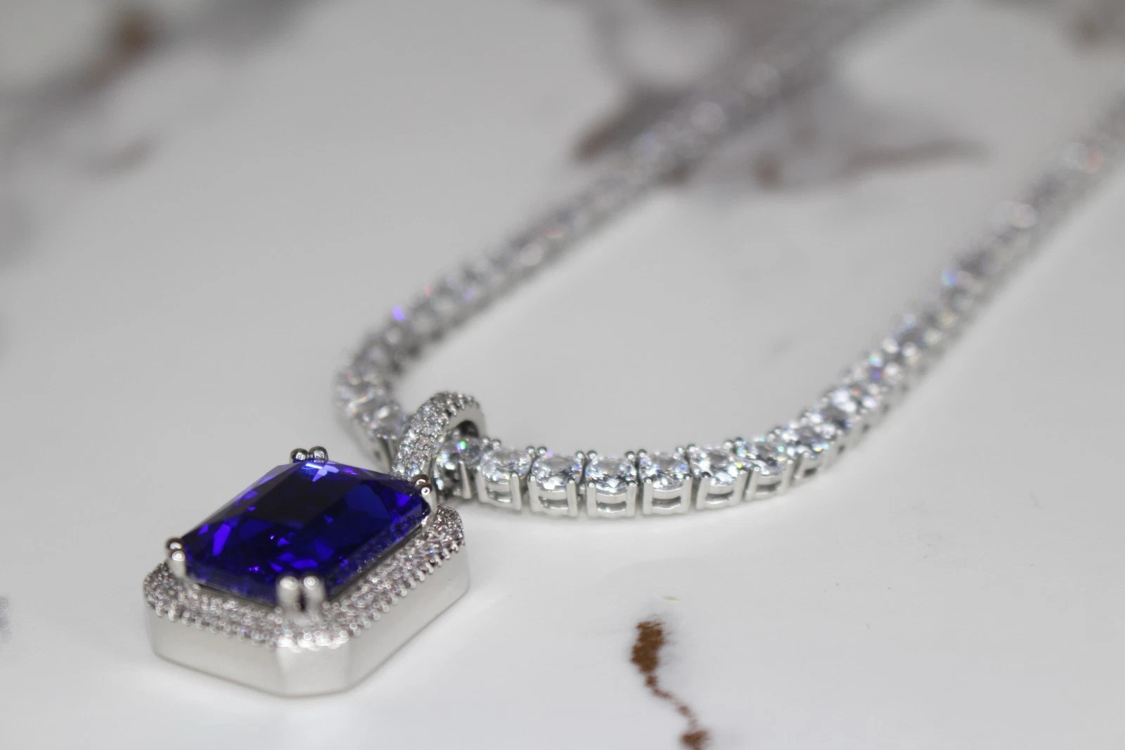 BLUE RUBY Sapphire Pendant Tennis 75.8ct Lab Sim Gem Diamond Chain Necklace