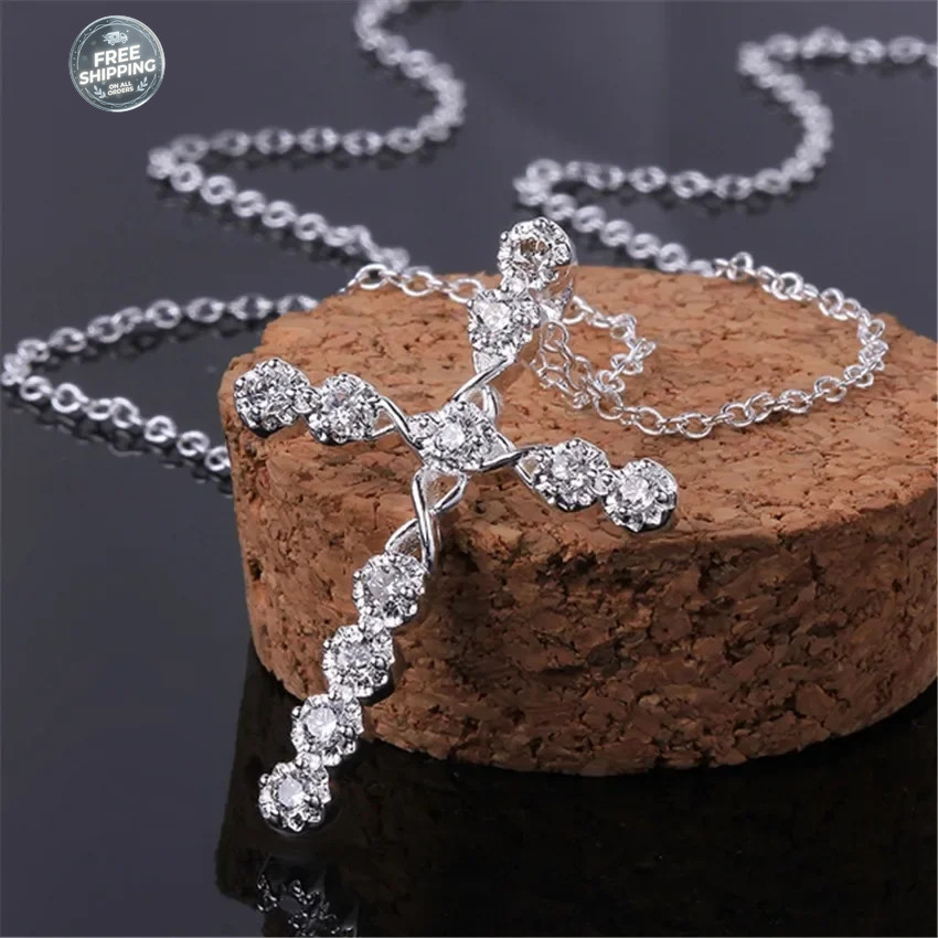 Womens 925 Sterling Solid Silver charm Cross Pendant Necklace 18” Link Chain