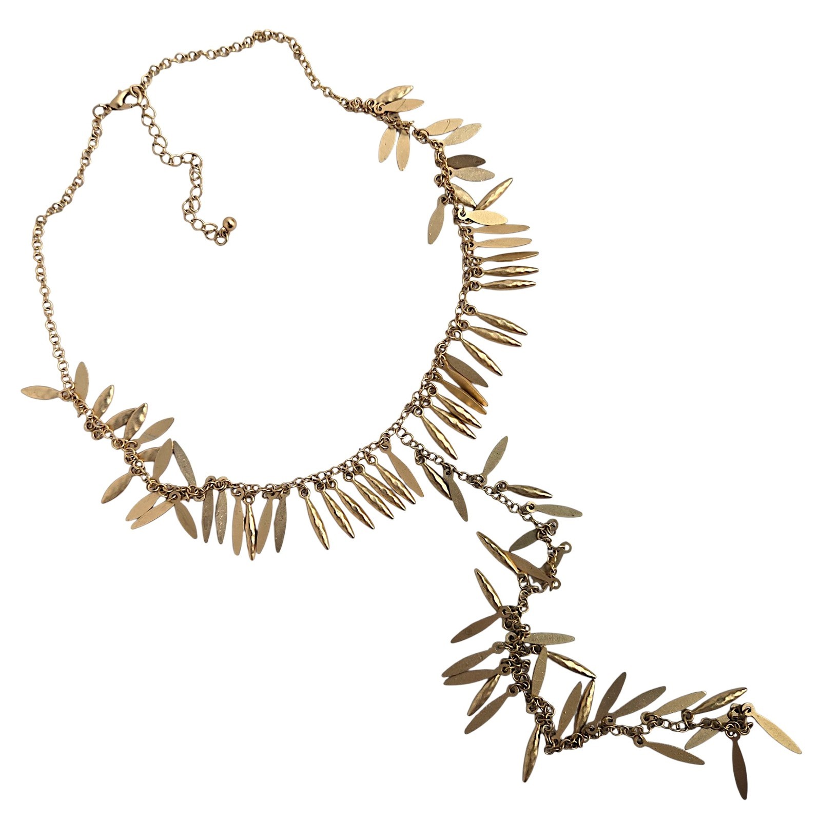 Leaf Fringe Y Drop Lariat Necklace Matte Gold Tone Boho Statement 17″-20″