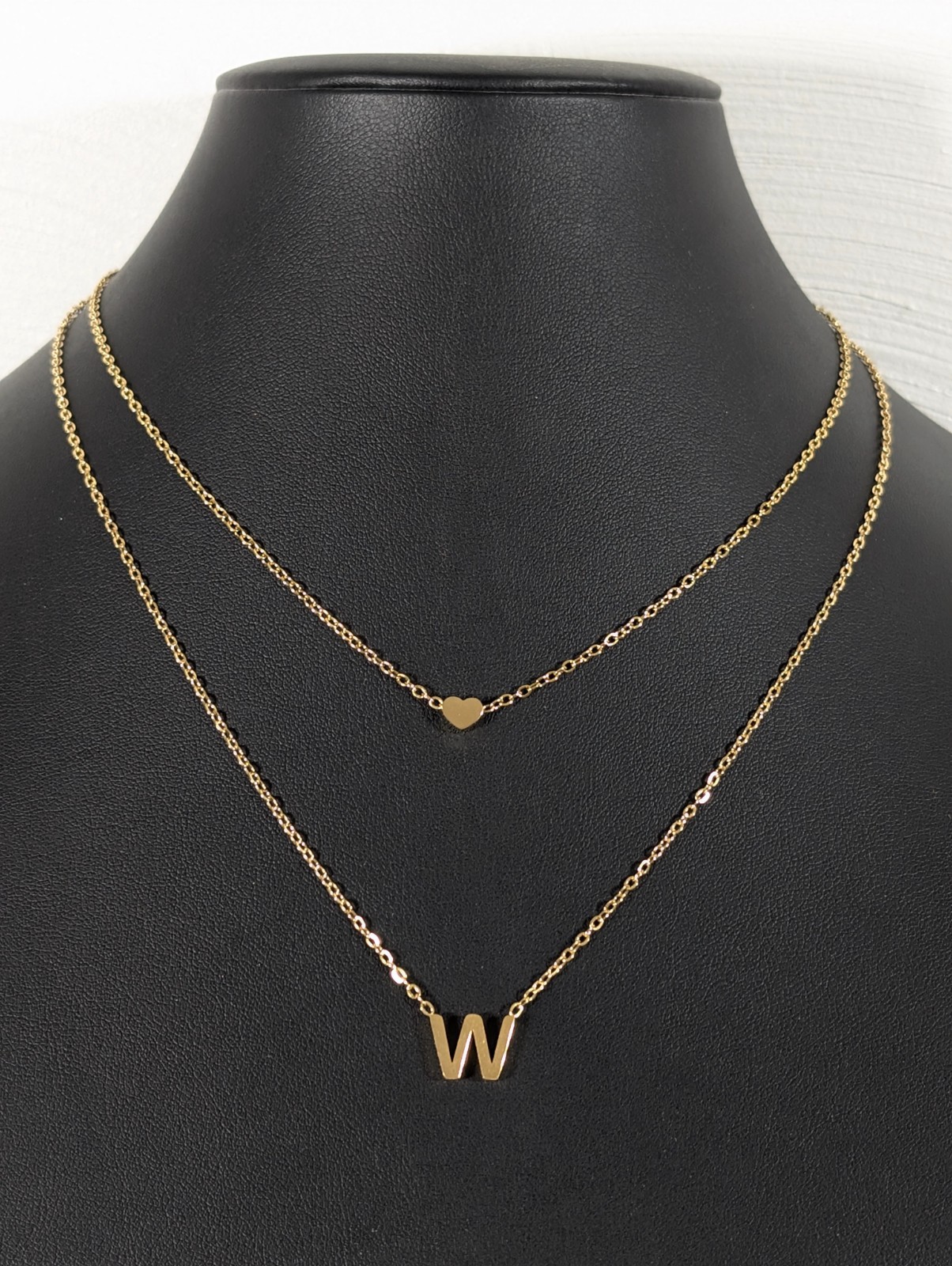Set of 2 Gold Tone Initial Letter W Heart Dainty Chain Necklaces Layering 17-20″