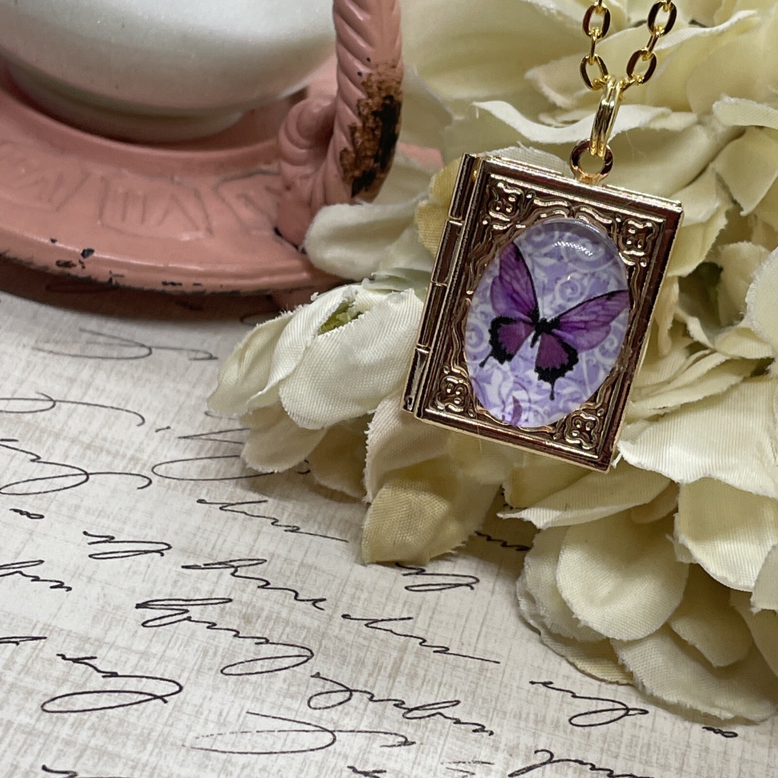 Gold Birthday anniversary purple BUTTERFLY book Locket pendant necklace photo