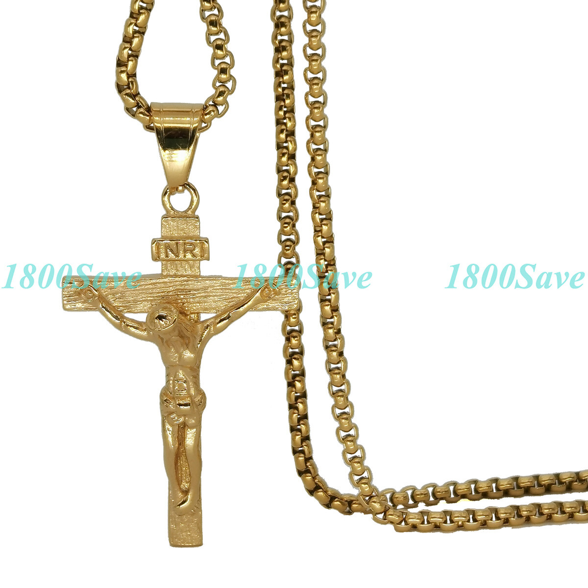 18K Yellow Gold Filled Crucifix Cross Pendant + 18″-28″ Box Chain Necklace H123Y