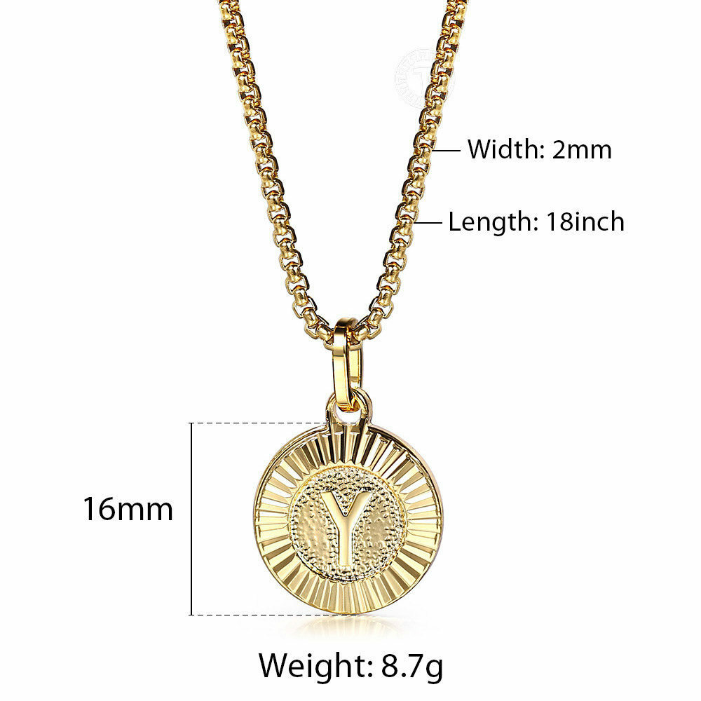 Round Gold Plated Initial Letter Necklace Pendant Stainless Steel 18/20/22″ Link