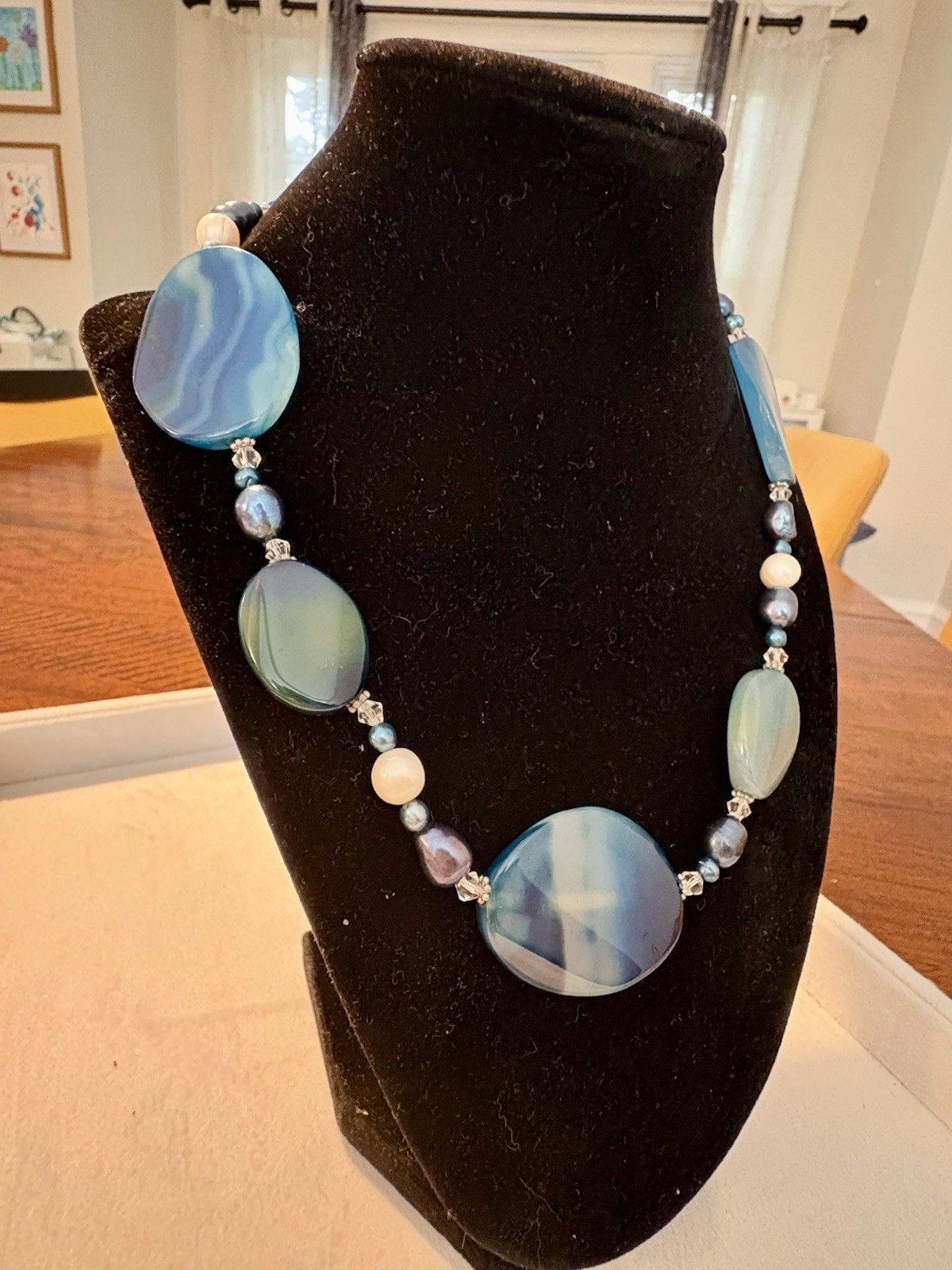 Blue Agate Oval Beaded Necklace w/ Glass Accent Ball Chain magnetic clasp