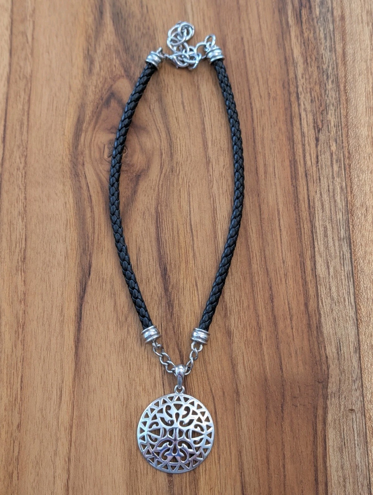 Black Braided Leather Cord Necklace Silver Tone Round Cutout Charm