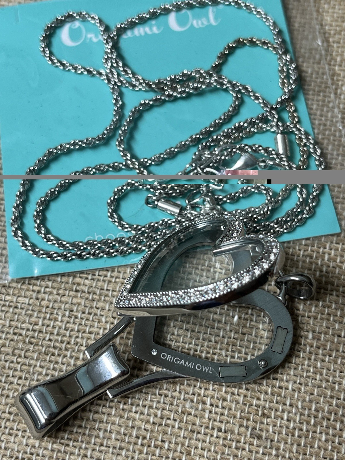 Origami Owl Reversible Silver Heart Locket Lanyard Badge Holder And Chain