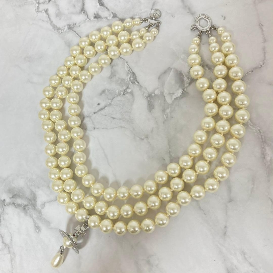 Vivienne Westwood Necklace 3-strand Pearl Drop Silver w/drawstring [E0155