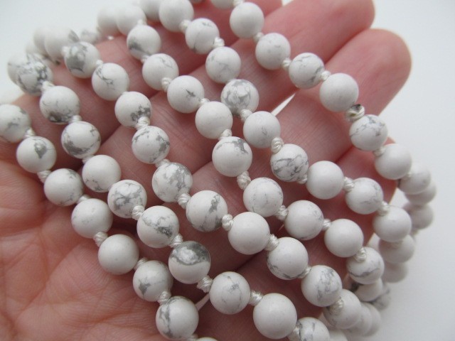 White Marbled Grey Natural Howlite 6.5mm Knotted Stone Necklace 30 In