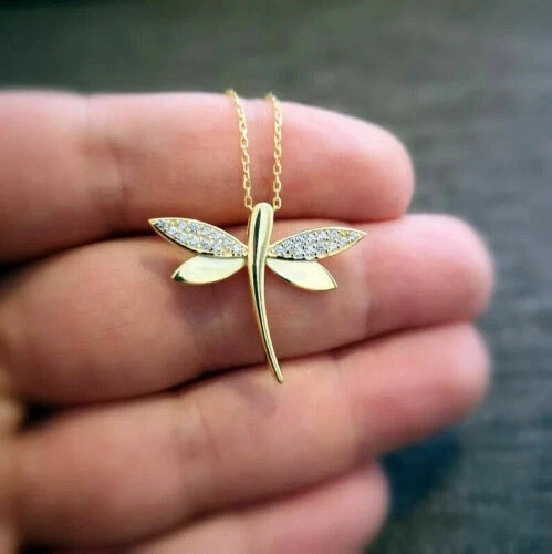 1Ct Round Simulated Diamond Women’s Dragonfly Pendant Necklace 14k Gold Plated
