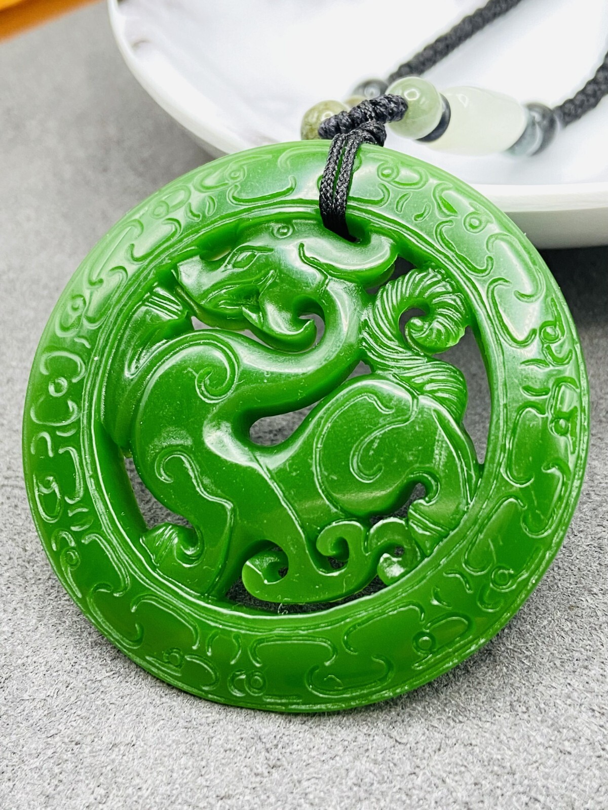 Jade Dragon Charm Pendant Necklace W/ Beads Cord Handmade Carved Green Gemstone